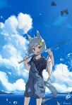  1girl ahoge animal_ears black_shirt blue_eyes blush bug butterfly carrying_over_shoulder clouds day fish fishing_rod flower grey_hair hair_flower hair_ornament hands_up holding holding_fishing_rod horizon horse_ears horse_girl horse_tail kiromo looking_at_viewer open_mouth outdoors overall_shorts overalls seiun_sky_(umamusume) shirt short_hair short_sleeves smile solo standing tail twitter_username umamusume 