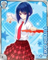  1girl blue_background blue_hair board_game card_(medium) character_name folding_fan girlfriend_(kari) hand_fan hibara_eiko holding holding_fan looking_at_viewer necktie official_art plaid_clothes plaid_skirt pleated_skirt qp:flapper red_necktie red_skirt school_uniform shirt shogi short_hair skirt smile solo standing violet_eyes white_shirt 