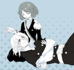  1boy 1other belt closed_eyes closed_mouth crossed_arms dr._stone epaulettes francois_(dr._stone) gloves greyscale_with_colored_background hair_between_eyes highres lap_pillow lips lipstick looking_at_another looking_up lying makeup medium_hair monochrome nanami_ryuusui ninomae_gin on_back red_lips seiza shirt short_hair short_sleeves sitting smile turtleneck turtleneck_shirt twitter_username 