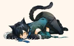  animal_ears animal_hands blue_eyes blue_hair blush cat_ears cat_girl cat_paws cat_tail fake_claws full_body highres hololive hololive_english kyoko_(zeprii4) lying necktie on_stomach one_eye_closed open_mouth ouro_kronii simple_background solo solo_focus tail white_background 