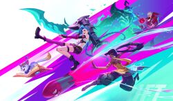  2boys 3girls black_boots black_gloves black_pants blue_fire blue_hair book boots braid breasts cat centaur coat colorful_background commentary copyright_name crop_top dark-skinned_female dark_skin elbow_gloves english_commentary fingerless_gloves fire fishbones_(jinx) glaive_(polearm) gloves hecarim helmet highres holding holding_polearm holding_rocket_launcher holding_weapon holding_whip jinx_(league_of_legends) league_of_legends league_of_legends:_wild_rift lionsong long_hair looking_ahead multiple_boys multiple_girls nilah_(league_of_legends) official_art open_book open_mouth orb pants pink_eyes pointing pointing_forward polearm purple_hair purple_shorts purple_thighhighs red_coat rocket rocket_launcher shorts single_thighhigh small_breasts smile tank_top taur thigh-highs thigh_strap twin_braids very_long_hair vladimir_(league_of_legends) weapon white_hair yellow_tank_top yuumi_(league_of_legends) 