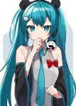  1girl animal_ears bare_shoulders black_hairband blue_eyes blue_hair blue_necktie blush bow cha_sakura commentary_request creature creature_on_shoulder detached_sleeves eyebrows_visible_through_hair fake_animal_ears hair_ornament hairband hairclip hatsune_miku highres long_hair necktie on_shoulder pout red_bow sweat very_long_hair vocaloid wide_sleeves 
