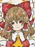  1girl ascot bangs bow breasts brown_hair collared_shirt detached_sleeves frilled_hair_tubes frills hair_between_eyes hair_bow hair_tubes hakurei_reimu long_hair looking_at_viewer medium_breasts miazuma_sarin open_mouth red_bow red_eyes ribbon-trimmed_sleeves ribbon_trim shirt sleeveless sleeveless_shirt smile solo third-party_source touhou upper_body white_sleeves yellow_ascot 