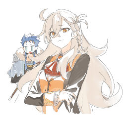  1boy 1girl agata720 ahoge ascot blue_hair braid crying cu_chulainn_(caster)_(fate) cu_chulainn_(fate) fang fate/grand_order fate_(series) fur_collar hand_on_own_arm long_hair olga_marie_animusphere orange_hair side_braid smile streaming_tears tears very_long_hair white_background white_hair 