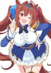 1girl ;d animal_ears breasts brown_hair daiwa_scarlet_(umamusume) epaulettes hand_on_hip highres horse_ears horse_girl horse_tail index_finger_raised kamuraaa_615 large_breasts one_eye_closed red_eyes simple_background smile solo tail tiara twintails umamusume w white_background