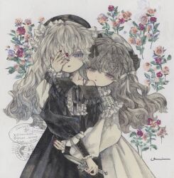  2girls acrylic_paint_(medium) black_dress bleeding blood blood_on_neck blue_eyes blunt_bangs blush bow commentary_request covering_one_eye dagger dress floral_background flower frilled_cuffs frilled_dress frills gothic_lolita hair_bow hair_ribbon half-closed_eyes headdress highres holding holding_knife hug hug_from_behind instagram_logo instagram_username karintoun knife lolita_fashion long_hair long_sleeves looking_at_viewer multiple_girls muted_color original painting_(medium) pale_skin pastel_colors pink_eyes postmark puffy_sleeves red_nails ribbon rose signature standing traditional_media twitter_username twitter_x_logo watercolor_(medium) watermark wavy_hair weapon white_dress 