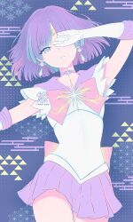  1girl absurdres artist_logo asa_no_ha_(pattern) bishoujo_senshi_sailor_moon blue_background bow bowtie choker circlet covering_one_eye earrings egasumi elbow_gloves gloves highres i-was-yuu jewelry logo looking_at_viewer magical_girl medium_hair miniskirt parted_lips pleated_skirt purple_choker purple_hair purple_sailor_collar purple_skirt red_bow red_bowtie sailor_collar sailor_saturn sailor_senshi sailor_senshi_uniform skirt solo star_(symbol) star_choker tomoe_hotaru uroko_(pattern) violet_eyes white_gloves 