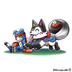  1boy absurdres animal_nose blue_fur body_fur boxing_gloves closed_eyes closed_mouth commentary_request digimon digimon_(creature) dog dog_boy facial_mark fangs fangs_out furry furry_male gaomon gloves happy headband highres horns looking_at_viewer male_focus red_gloves red_headband signature simple_background single_horn sitting smile tail tongue tongue_out twitter_username two-tone_fur two-tone_tail wankomon watagashikn white_background white_fur yellow_eyes yin_yang 