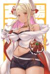  1girl blonde_hair bowl breasts brown_eyes chopsticks dark-skinned_female dark_skin draph food fur_trim gloves granblue_fantasy gyuudon horns hoshido1214 jewelry kumbhira_(granblue_fantasy) large_breasts long_hair midriff navel necklace pointy_ears rice_bowl shorts white_gloves wide_sleeves 