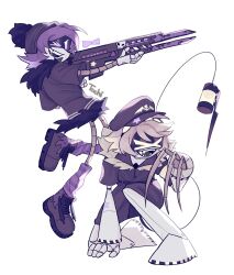  1boy 1girl artist_name beanie boots cap claws fang fur_trim gun holding_gun holding_weapon jacket kneeling leg_warmers murder_drones muted_color n_(murder_drones) noodle_arms posing purple_hair purple_legwear railgun robot robot_boy robot_girl silver_hair socks star_sticker sticker sticker_on_face striped striped_leg_warmers striped_legwear tagformyposts tail tochi_(artist) trench_coat untied untied_footwear untied_shoelaces uzi_(murder_drones) violet_eyes weapon white_background yellow_eyes 