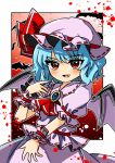  1girl :d ascot bangs bat bat_wings blue_hair cowboy_shot fang hat hat_ribbon highres key747h looking_at_viewer mob_cap one-hour_drawing_challenge open_mouth outside_border pink_headwear pink_shirt red_ascot red_background red_eyes red_ribbon remilia_scarlet ribbon ribbon-trimmed_headwear ribbon_trim shirt short_hair short_sleeves smile solo standing touhou wings 