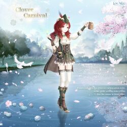  1girl alcohol animal arrow_through_hat artist_request beer beer_mug belt bird black_belt black_bridal_gauntlets black_cape blue_sky boots bracer bridal_gauntlets brown_cape brown_corset brown_eyes cape character_name cherry_blossoms closed_mouth clouds clover_carnival_(miracle_nikki) copyright_logo corset cross-laced_armwear cross-laced_clothes cross-laced_corset crossed_belts cup day dot_nose dove drink english_text falling_petals flower full_body gold green_boots green_hat green_skirt happy hat hat_feather hat_flower high_heel_boots high_heels holding holding_drink holster knees lake light_particles logo long_hair long_sleeves miniskirt miracle_nikki mug nikki_(series) official_art outdoors petals pink_flower pleated_skirt pointy_boots ponytail puffy_long_sleeves puffy_sleeves red_hair reflection reflective_liquid ringlets rose shirt sidelocks skirt sky smile solo spring_(season) standing standing_on_liquid tareme thigh-highs thigh_belt thigh_holster thigh_strap third-party_source tree two-sided_cape two-sided_fabric white_flower white_rose white_shirt white_thighhighs 
