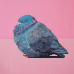  absurdres animal animal_focus bird closed_eyes english_commentary feathers highres leah_gardner no_humans original painting_(medium) pigeon pink_background shadow simple_background sleeping traditional_media 