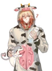  1boy ? absurdres an-llong animal_ears animal_print bell blonde_hair bottle braid chimera_(honkai:_star_rail) chinese_commentary commentary_request cow_ears cow_horns cow_print cowbell facial_tattoo fake_animal_ears fake_horns gradient_hair highres holding holding_bottle honkai:_star_rail honkai_(series) horns male_focus medium_hair milk_bottle multicolored_hair mydei_(honkai:_star_rail) neck_tattoo onesie phainon_(honkai:_star_rail) phainon_(vigethos)_(honkai:_star_rail) red_hair red_tattoo side_braid simple_background solo tattoo white_background yellow_eyes 