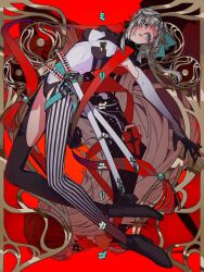  1girl aqua_bow aqua_eyes armpit_cutout black_bodysuit bodysuit bow braid braided_hair_rings clothing_cutout collared_bodysuit fate/grand_order fate_(series) full_body hair_bow hair_rings highres jiangyoujiang509 katana kishimen_hair long_hair multicolored_bodysuit ponytail sheath sheathed solo striped_bodysuit sword thigh_cutout turtleneck turtleneck_bodysuit two-tone_bodysuit weapon white_bodysuit white_hair yui_shousetsu_(fate) yui_shousetsu_(first_ascension)_(fate) 