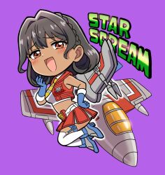 1girl aircraft airplane bag belt black_hair blue_gloves blue_shoes braid character_name chibi chibi_only collared_shirt commentary crop_top cropped_shirt cropped_vest crown_braid curly_hair dark-skinned_female dark_skin elbow_gloves fighter_jet full_body garter_straps genderswap genderswap_(mtf) gloves grey_bag hair_intakes high_heels highres humanization komagoma kotobukiya_bishoujo looking_at_viewer midriff military_vehicle miniskirt necktie open_clothes open_mouth open_vest pink_lips pleated_skirt purple_background red_eyes red_skirt red_vest shirt shoes sidelocks simple_background skirt sleeveless sleeveless_shirt smug solo starscream starscream_(kotobukiya_bishoujo) thigh-highs thigh_strap transformers transformers:_generation_1 vest white_belt white_shirt white_thighhighs yellow_necktie