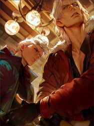  black_shirt blue_eyes breast_pocket coat dante_(devil_may_cry) devil_may_cry_(series) facial_hair jacket long_sleeves male_focus nero_(devil_may_cry) open_clothes open_coat open_jacket parted_hair pocket red_coat red_jacket shirt t4gamo unzipped upper_body white_hair zipper 