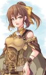  1girl armor bare_shoulders bow bracelet breastplate brown_cape brown_dress brown_eyes brown_hair cape delthea_(fire_emblem) dress fang fire_emblem fire_emblem_echoes:_shadows_of_valentia fire_emblem_heroes fuussu_(21-kazin) hair_bow hair_ribbon jewelry light_blush long_hair looking_at_viewer open_mouth ponytail ribbon sky smile solo striped striped_dress vertical-striped_dress vertical_stripes yellow_ribbon 