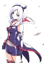  1girl armband bike_shorts black_armband black_choker black_gloves black_hairband black_jacket black_shorts black_thighhighs bracelet choker closed_mouth commentary cowboy_shot eas_(fresh_precure!) elbow_gloves fresh_precure! gloves hairband higashi_setsuna highres jacket jewelry looking_at_viewer medium_hair precure red_eyes short_shorts shorts sideways_glance solo standing thigh-highs uraki white_background white_hair 