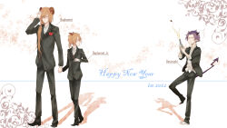  2012 3boys baphomet_(ragnarok_online) baphomet_jr black_jacket black_pants black_shoes blazer brown_hair brown_horns champagne_bottle commentary_request cork cork_popping demon_boy demon_horns demon_tail deviruchi full_body happy_new_year highres holding_hands horns izumi0016 jacket long_hair looking_at_another male_focus multiple_boys pants personification pointy_ears purple_hair purple_horns ragnarok_online shadow shirt shoes short_hair standing tail white_background white_shirt 