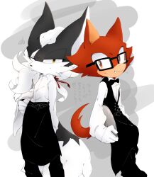  2boys alternate_costume animal_ears apron arm_at_side avatar_(sonic_forces) black_apron black_bow black_bowtie black_pants black_shoes black_vest blue_eyes bow bowtie brown_eyes closed_mouth collared_shirt flying_sweatdrops furry furry_male gadget_the_wolf gloves hair_ribbon half-closed_eyes holding holding_tray infinite_(sonic) jackal_boy jackal_ears jackal_tail long_sleeves looking_at_another low_ponytail male_focus mezu_(odei) multiple_boys pants ponytail red_fur red_ribbon ribbon scar scar_across_eye scar_on_face shirt shoes smile sonic_(series) sonic_forces squiggle sweat tail traditional_bowtie tray two-tone_fur vest waistcoat waiter white_gloves white_hair white_shirt wing_collar wolf_boy wolf_ears wolf_tail yellow_eyes 