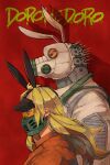  1boy 1girl absurdres animal_ears blonde_hair blue_eyes caiman_(dorohedoro) copyright_name dorohedoro drgryu750 drop_shadow fake_animal_ears from_side gas_mask highres long_hair looking_away mask mouth_mask nikaidou_(dorohedoro) portrait rabbit_ears red_background spikes upper_body 