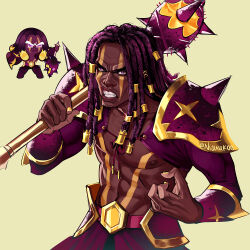 1boy armor belt clenched_teeth commentary cookie_run cookie_run:_kingdom cowboy_shot cropped_jacket dark-skinned_male dark_skin dreadlocks english_commentary facial_hair facial_tattoo from_above gold_trim hair_ornament hand_up holding holding_weapon humanization jacket light-skinned_palms lips long_hair long_sleeves looking_at_viewer male_focus nail_polish nijuuni official_alternate_color official_art_inset open_clothes open_jacket over_shoulder pink_belt pink_eyes purple_hair purple_jacket purple_yam_cookie purple_yam_cookie_(hot_baked_yam) reference_inset scar_across_eyes shoulder_armor simple_background solo standing tattoo teeth thick_eyebrows twitter_username v-shaped_eyebrows very_dark_skin weapon weapon_over_shoulder yellow_background yellow_nails