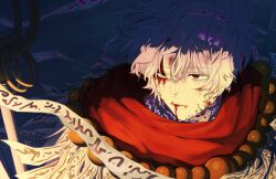 1boy bandages blood blood_from_mouth bokken colored_veins gintama gintama_movie_2:_yorozuya_yo_eien_nare highres japanese_clothes luoyeloje male_focus red_scarf sakata_gintoki scarf solo sword talisman weapon white_hair wooden_sword 