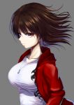  1girl absurdres black_hair breasts brown_eyes closed_mouth daien grey_background highres jacket jewelry large_breasts long_sleeves looking_at_viewer original pendant red_jacket shirt short_hair simple_background solo upper_body white_shirt 