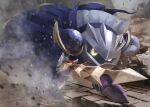  1boy armor cape debris dust_cloud eye_focus eye_reflection galaxia_(sword) gloves grey_mask ground_shatter highres holding holding_sword holding_weapon kirby_(series) male_focus mask meta_knight nan_na_an no_humans purple_footwear reflection rock shoulder_armor solo sword weapon yellow_eyes 