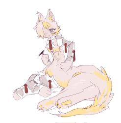  1girl :3 extra_legs full_body furrification furry furry_female grey_eyes highres holding holding_nail kromer_(project_moon) limbus_company nail_(hardware) project_moon purity_seal simple_background solo talisman taur wax_seal white_background yesheng_zong_ren 