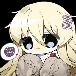 1girl aidenis azur_lane bismarck_(azur_lane) black_background blonde_hair blue_eyes blush brown_sweater chibi chibi_only commentary_request furrowed_brow hair_between_eyes hair_flaps highres long_bangs long_hair nose_blush sad solo speech_bubble sweater upper_body 