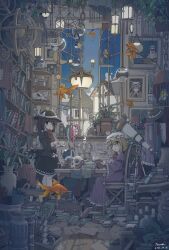  2girls :o absurdly_detailed_composition absurdres alternate_uniform artist_name ascot bird bird_request black_hat black_skirt black_umbrella blonde_hair blue_umbrella blush book bookshelf bow box brown_coat brown_eyes brown_hair cage candle candlestand chain chair chinese_commentary clothes_hanger clouds coat collared_dress crescent cross cup dated dress fedora fish flask floating_animal flower flower_request frilled_dress frilled_skirt frills gap_(touhou) gohei goldfish grass hair_between_eyes hair_bow hair_ribbon hat hat_bow hexagram highres holding holding_book holding_cup holding_plate house lantern lighthouse loaded_interior long_dress long_hair long_sleeves looking_at_viewer maribel_hearn messy_room mob_cap moon multiple_girls mushroom necktie open_mouth open_window painting_(object) paper pen pentagram picture_frame plant plate potion potted_plant purple_dress red_ascot red_ribbon red_scarf red_umbrella ribbon ribbon-trimmed_headwear ribbon_trim scarf scenery short_hair sitting skirt skull sleeve_cuffs sleeve_garter standing star_(symbol) teapot telescope touhou tseum umbrella unworn_clothes unworn_hat unworn_headwear unworn_necktie usami_renko vase violet_eyes white_bow white_hat wide_sleeves window yakumo_yukari 