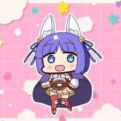  1girl :d alternate_color animal_ears armor bell belt blue_eyes blue_ribbon blush boobplate brown_belt brown_skirt cape chibi chibi_only commentary_request fox_ears fox_girl full_body grid_background hair_bell hair_ornament hair_ribbon highres jingle_bell looking_at_viewer lord_knight_(ragnarok_online) miniskirt open_mouth pauldrons pink_background purple_cape ragnarok_online red_thighhighs ribbon shizukushigure short_hair shoulder_armor skirt smile solo star_(symbol) thigh-highs 