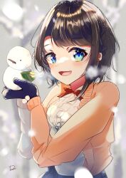  1girl :d absurdres artist_name black_mittens blue_eyes blue_skirt blurry blurry_background bob_cut bow bowtie braid breasts brown_hair cardigan emutakanoe frilled_shirt frills highres holding_snowman hololive long_sleeves looking_at_viewer medium_breasts mittens official_alternate_costume oozora_subaru oozora_subaru_(casual) open_cardigan open_clothes open_mouth pink_cardigan plaid_clothes plaid_skirt red_bow red_bowtie shirt short_hair side_braid signature skirt smile snowing snowman solo swept_bangs upper_body virtual_youtuber white_shirt 