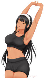  1girl absurdres arms_up artist_name bangs black_clothes black_hair closed_eyes commission commissioner_upload dark_skin female hairband highres human huniepop kyanna_delrio long_hair solo sportswear stretch workout_clothes 