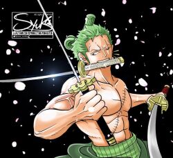  1boy abs black_background chonmage commentary_request falling_petals glint green_kimono haramaki holding holding_sword holding_weapon japanese_clothes kimono looking_to_the_side male_focus one_eye_closed one_piece one_syuka petals roronoa_zoro scar scar_across_eye scar_on_face sideburns solo sword topknot topless_male twitter_username v-shaped_eyebrows veins watermark weapon weapon_in_mouth 