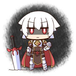  1boy armor armored_boots belt black_belt black_tabard boots breastplate cape chainmail chibi chibi_only clenched_hand closed_mouth commentary_request cross cross_of_prontera frown full_body highres leg_armor looking_at_viewer lord_knight_(ragnarok_online) male_focus pauldrons planted planted_sword ragnarok_online red_cape red_eyes seyren_windsor shizukushigure short_hair shoulder_armor solo spiked_gauntlets sword tabard weapon white_background white_hair 