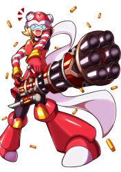  >_< 1girl absurdres boots bullet dress gatling_gun gloves gun harp_note_(mega_man) headband highres holding holding_gun holding_weapon kotatuman_dash looking_at_viewer mega_man_(series) mega_man_star_force_(series) open_mouth red_boots red_dress red_gloves red_headband scarf solo sonia_strumm_(mega_man) weapon white_scarf 