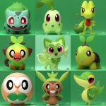  3d animal_focus artist_name bird bright_pupils bulbasaur cat chespin chikorita english_commentary fangs fangs_out green_background grookey hand_on_hip henry_vargas highres monkey mouth_hold open_mouth owl pokemon pokemon_(creature) rowlet snivy sprigatito stalk_in_mouth treecko turtle turtwig white_pupils 