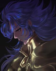  00zealot 1boy armor blue_eyes blue_hair eyelashes from_side frown gemini_saga gold_armor gold_cloth gold_saint half-closed_eyes highres long_hair male_focus portrait profile saint_seiya solo 