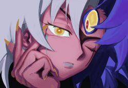  absurdres blue_hair blue_lips claws colored_skin demon_girl duel_monster facial_mark highres one_eye_closed orange_eyes pink_skin spiky_hair tawashipurin third_eye white_hair yu-gi-oh! yu-gi-oh!_gx yubel 