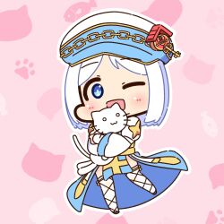  1girl :3 :d animal arch_bishop_(ragnarok_online) blue_dress blue_eyes blue_hat blush cat chain chibi chibi_only clock_hat_ornament commentary_request cross dress fishnet_thighhighs fishnets full_body hat hat_ornament highres holding holding_animal holding_cat juliet_sleeves long_sleeves looking_at_viewer newsboy_cap one_eye_closed open_mouth puffy_sleeves ragnarok_online sash shizukushigure smile solo thigh-highs two-tone_dress white_cat white_dress white_thighhighs yellow_sash 