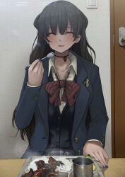  1girl black_hair blazer blush cardigan choker closed_eyes commentary_request cup earrings eating food highres indoors jacket jewelry konata_(kankin_jk) long_hair mask mishiranu_joshikousei_ni_kankin_sareta_mangaka_no_hanashi mole mole_on_neck mouth_mask nail_polish photo_background pov_across_table ribbon ribbon_choker ryouma_(galley) school_uniform shirt solo spork table tray white_shirt 