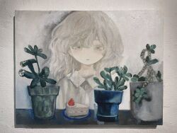  1girl acrylic_paint_(medium) blouse blush cake cake_slice canvas_texture collared_shirt expressionless food fruit grey_eyes half-closed_eyes highres indoors karintoun looking_at_viewer medium_hair muted_color original painting_(medium) pale_skin parted_lips plant plate portrait potted_plant shadow shirt simple_background solo strawberry succulent_plant swept_bangs table traditional_media watercolor_(medium) wavy_hair white_shirt 