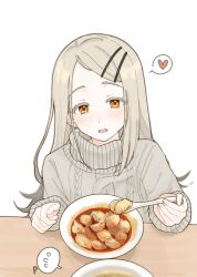  1girl 1other blonde_hair bowl cable_knit colored_eyelashes dumpling earrings flipped_hair food gakuen_idolmaster gradient_hair grey_hair grey_sweater hair_ornament hairclip hashtag-only_commentary heart highres holding holding_spoon idolmaster jewelry kabaxima_kin light_blush long_hair long_sleeves looking_at_viewer multicolored_hair open_mouth orange_eyes parallel_hairclips parted_bangs pov_across_table producer_(idolmaster) shinosawa_hiro simple_background soup speech_bubble spoken_heart spoon stud_earrings sweater table white_background 