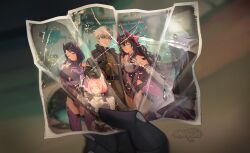  1boy 3girls absurdres artist_name black_gloves blue_hair brown_hair gloves goddess_of_victory:_nikke harran_(nikke) highres holding holding_photo inherit_(nikke) isabel_(nikke) johan_(nikke) military_uniform multiple_girls noah_(nikke) photo_(object) pink_hair pov pov_hands reflection shirrori white_hair 