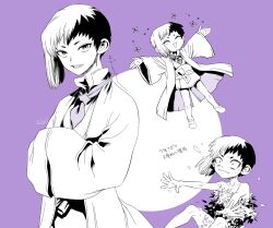  1boy asagiri_gen belt bow bowtie closed_eyes dr._stone flower full_body greyscale_with_colored_background haori happy_aura highres japanese_clothes kimono long_sleeves looking_at_viewer male_focus monochrome multicolored_hair multiple_views ninomae_gin nude open_mouth purple_background short_hair sidelocks signature simple_background single_sidelock smile split-color_hair teeth transformation two-tone_hair 
