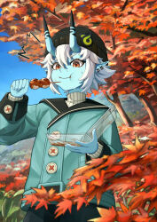  1girl ^^^ absurdres alternate_costume beanie black_hat blue_horns blue_jacket blue_oni blue_skin blue_sky colored_skin commentary_request eating food food_on_face hair_between_horns hat highres holding holding_food horns jacket leaf maple_leaf multicolored_horns oni outdoors regit_etihw short_hair skin-covered_horns sky solo soukaku_(zenless_zone_zero) sweat sweater tree turtleneck turtleneck_sweater two-tone_horns upper_body white_hair white_sweater zenless_zone_zero 