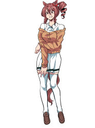  1girl animal_ears brown_cardigan brown_eyes brown_hair brown_shoes cardigan collared_shirt dinoyhs dress_shirt drill_hair hair_between_eyes highres horse_ears horse_girl horse_tail loafers norn_ace_(umamusume) pleated_skirt ringlets shirt shoes side_drill side_ponytail simple_background skirt solo tail thigh-highs umamusume umamusume:_cinderella_gray white_background white_shirt white_skirt white_thighhighs 